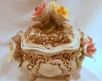 Marked Capodimonte Footed, Covered Bowl with Roses, Made in Italy