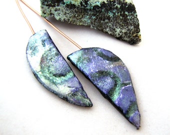 Petal to the Metal - Flat Petal Polymer Clay Purple, Pastel Green Black Textured Shimmery Lightweight Copper Wires Numi- Poly Pair (2)
