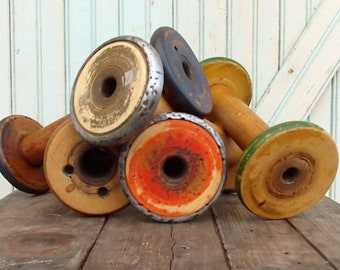SALE Today Rustic Vintage Old Chippy Paint 8 1/2 9 1/2" Wooden Textile Mill Spool Shabby Hygge Organize Ribbons and Trims with Wood Bobbin S