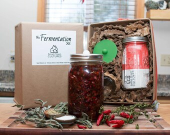 Glass Lacto Fermentation Kit with Basic Recipe and Airlock... Make Kimchi, Sauerkraut, Pickles, and other Probiotic Rich Fermented Foods