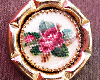 Vintage rose needlepoint gold brooch