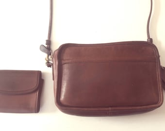 VINTAGE 70's COACH Rarely Seen Cognac Saddle Leather New York City Envelope Handbag Matching Keychain Purse