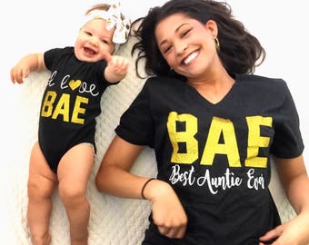 BAE Best Auntie Ever, I Love Bae, Matching Aunt/Niece Shirts, Aunt Life, Niece Life, Sparkle, Trendy, Funny Vneck Loose Fit, matching baby.