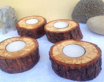 Candle holders - Live edge branch tealight holders - Set of 4 - Solid rustic oak wood - Wooden gift - Woodland eco - wedding or home decor