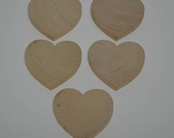 2" Wood Heart - Set of 5 Unfinished Wood Hearts - 1/4" Thick Wooden Heart