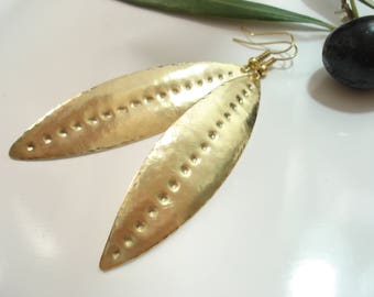 Hammered Bronze Unique Olive Leaf Earrings Modern Minimalist Leaf Earrings Metalwork Contemporary Statement Earrings Bronze Leaves