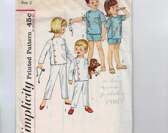 1960s Vintage Sewing Pattern Simplicity 4714 Childrens Boys Girls Intern Pajamas PJs Size 2 Breast 21 60s