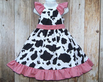 Cowgirl Twirl Dress / Cow Print + Red Gingham / Western / Rodeo / Flower Girl / Pageant / Infant / Baby / Girl / Toddler / Boutique Clothing