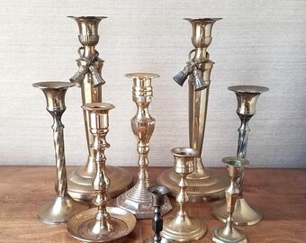 Solid Brass Candle Sticks, Mixed Lot 9, Assorted Vintage Brass Candle Holders, Wedding Decor