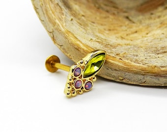 16g medusa, tragus, helix jewelry, surgical steel gold dipped with opal and Peridot CZ