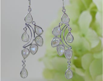 Fancy Natural Glowing Moonstone Chandelier Earrings in Sterling Silver, Birthday Gift, Anniversary Gift, Thank You Gift