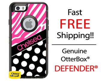 OTTERBOX DEFENDER iPhone X, 8, 8 Plus, 7, 7 Plus, 6, 5, SE, iPod Touch Custom Black Polka Zebra Stripes Animal Print Monogram Personalized