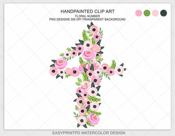 floral numbers handpainted watercolor clipart number four