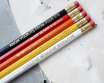 RED GRAMMAR PENCILS Set Ombre Coloured Pencil Gift School English Rules Teacher Graduation Present Colourful Retro Hex Gold Handmade Police