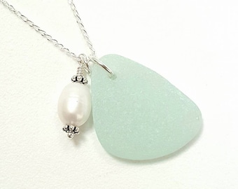 Pale Aqua Sea Glass Necklace With Wire Wrapped Pearl Jewelry, Beach Jewelry, Aqua Seaglass Necklace, Beach Glass Necklace, Beach Wedding
