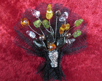 Smart brooch with amber peridot and rock crystal Baroque pearls