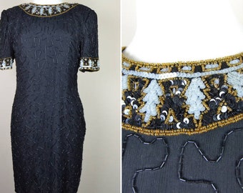 1980s formal dress sequins black prom sequined 80s eighties - vintage party dress