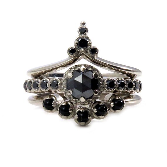 Gothic Art Deco Black Diamond Engagement Ring Set - Black Diamonds and Onyx