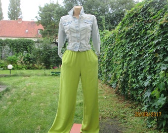 Silk Pants / Womens Pants / Wide Legs Pants / Pants Vintage / Size M / Elastic Waist / For Tall / Elastic Waist / Pockets / Salad Green