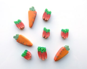 CARROT BEADS and bunches of carrots, beads for stitch markers, jewelry or pins, handmade polymer clay, perles carottes Set of 9 pces