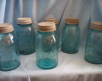 6 Ball Perfect Mason jars, blue canning jars, canning jars , zinc lids, Ball Perfect Mason, vintage canning jars, blue Ball Mason jars