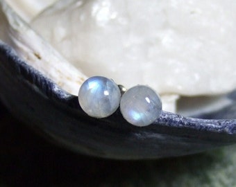 Longer Posts Rainbow Moonstone Blue Tint 6mm Stud Earrings Earings Titanium Post and Clutch Hypo Allergenic Icy Cool