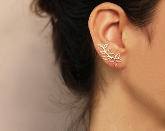 Gold flower ear cuff , Flower Ear Climber ,Gold or Silver, Flower stud earrings , Sterling silver or Gold plated