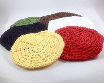 Coaster Set, 6 Mug Rugs, Crocheted Cotton Coasters, Black, Brown, White, Green, Red, and Yellow Coasters, Bridal Shower, Housewarming Gift
