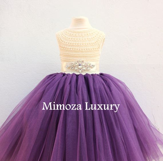 Ivory Flower girl dress, Cream Aubergine flower girl dress, eggplant ivory tulle dress, girls wedding dress, little bridesmaid dress
