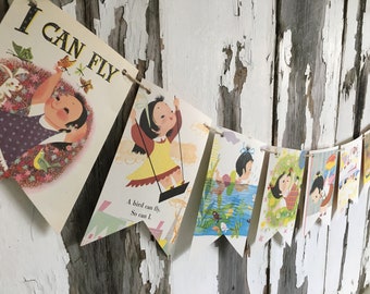 I CAN FLY vintage 70's book page banner bunting garland decoration girl Little Golden Book