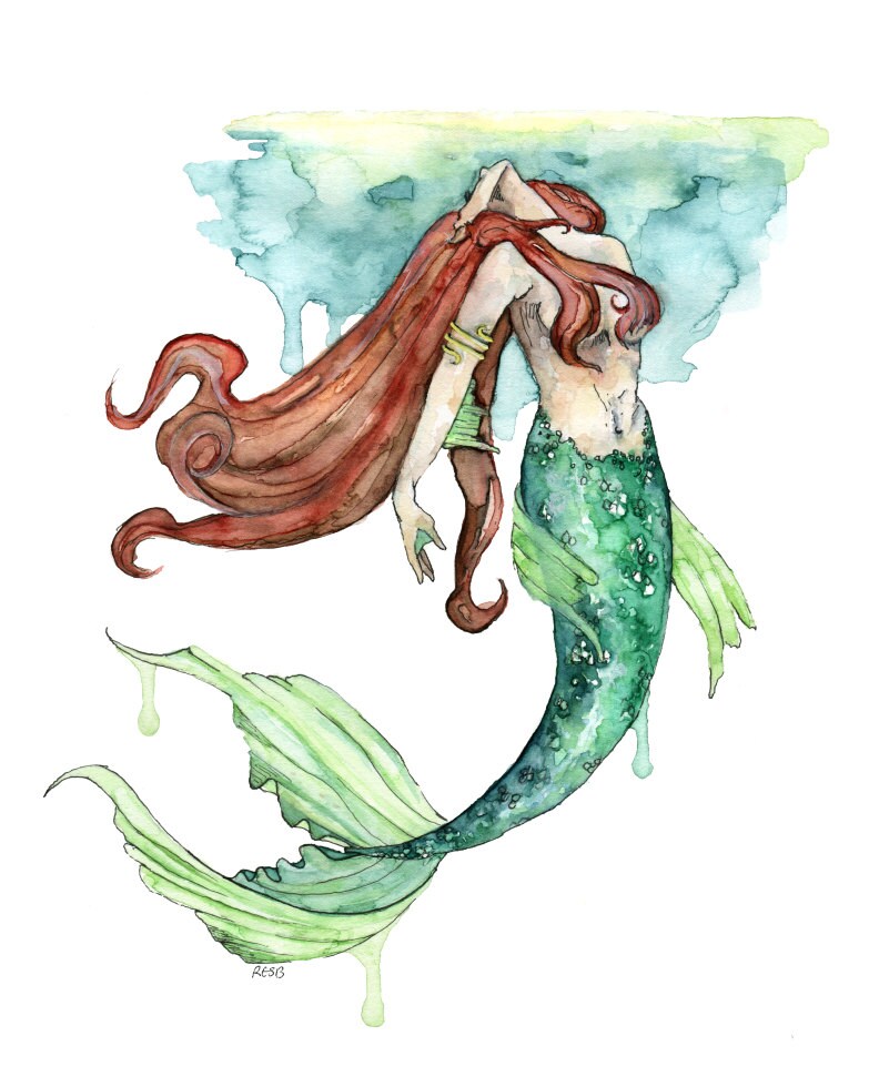 Watercolor Mermaid Painting Print titled To the