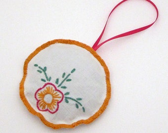 Dried Lavender Sachet - Hanging - Embroidered Sachet - Vintage Linens - Embroidery - Ribbon Loop