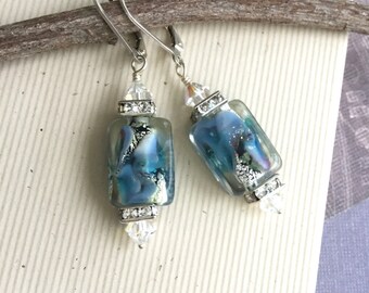Aqua swirl lamp work glass bead earrings with squaredelles and bicone accents. turquoise jewelry, blue green glass beads E148