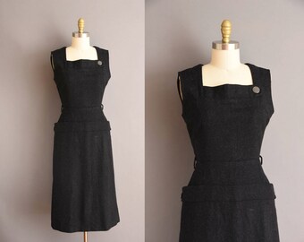 50s black wool vintage winter wiggle dress. 1950s vintage dress