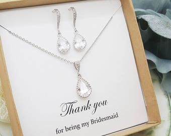 Teardrop Crystal Bridesmaid Necklace Earrings Set gift, Bridesmaid Jewelry Gift
