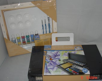 Wood Hardside Art Case with Acrylic Paints, Water color Paints & Brushes, Drawing Pencils, Pre-Printed Stretched Canvas Complete 46piece set