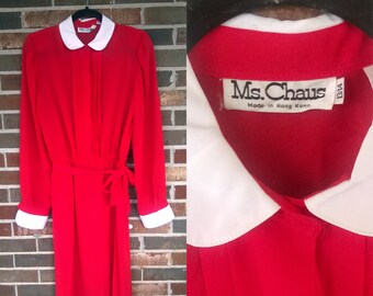 1970s Red Long Sleeve Peter Pan Collar Dress, 12/14