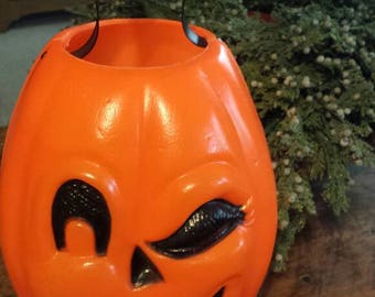 Blowmold Halloween Candy Bucket or Pail - Trick or Treat Candy Bucket - Winking Jack O Lantern - Halloween Home Decor