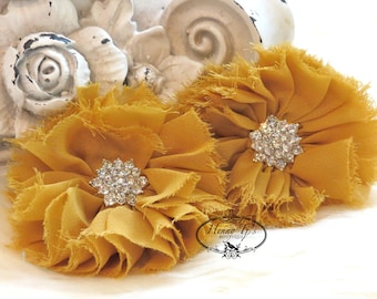 2 pcs 2.5" Adeila Collection Dark Mustard Yellow Goldenrod Shabby Frayed Chiffon Ruffle Flowers with Rhinestone,applique , hair accessories