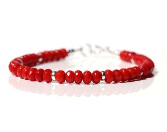 Beaded Coral Bracelet, Genuine Bold Red Coral Jewelry, 925 Sterling Silver, 35th Anniversary Gift for Wife, Stacking Bangle Bracelet