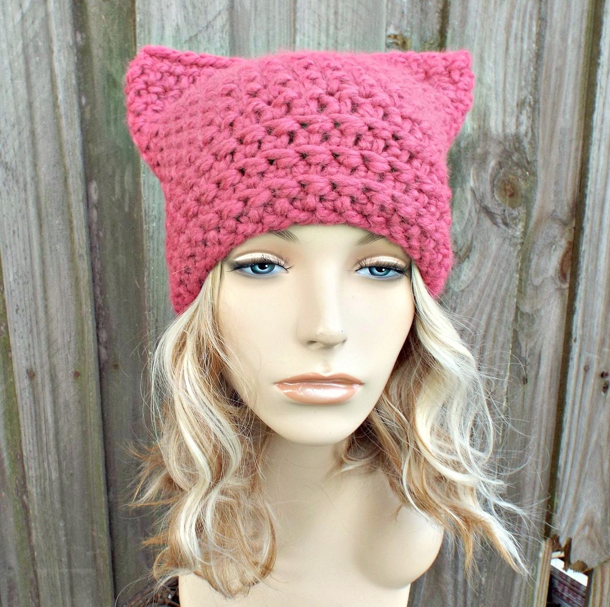  Pink Cat Hat  Thermal Crochet Womens Winter Beanie in