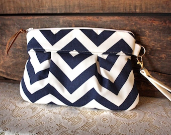Pleated Chevron Wristlet/ Pouch/ Clutch// Nautical stripe / Navy/White color-MADE TO ORDER-