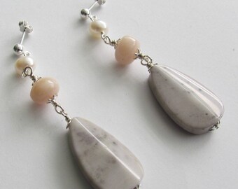 Teardrop natural gemstones pink peruvian opal freshwater pearls sterling silver dangle drop earrings