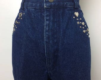 Vintage 80s Jeans/ 80s High Waist Dark Wash Jeweled Denim/ Medium