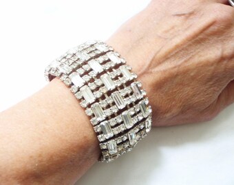 Art Deco Rhinestone Cuff Bracelet - Bridal Bride Wedding Jewelry - Old Hollywood - Vintage 1930s Crystal Bracelet - Glamorous Jewels