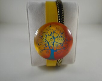 Top quality: 2 genuine leather Bracelet yellow sprigs and sequins with snap chunk interchangeable glass 30mm