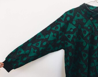 Vintage Geometric Wool Sweater. Green Triangle and Circle Sweater. Oversize Pullover Sweater. 80s Vintage Sweater.