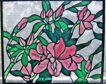 Pink Azalea Original Design Stained Glass Panel 13.75" x 16.375"