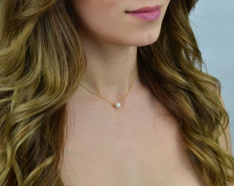 rose gold pearl Necklace, Pearl Necklace, Tiny Freshwater Pearl Necklace, Delicate Pearl Necklace, Wedding Necklace, Dainty Pearl Necklace