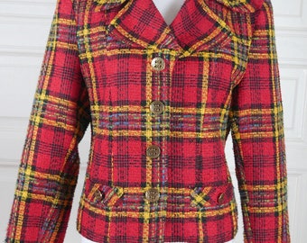 American Vintage Plaid Blazer, Red Yellow Black Turquoise Tartan Equestrian-Style 1980s Dallas Jacket: Size 8 US, Size 12 UK